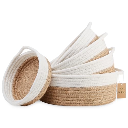 5-Piece Round Woven Cotton Rope Storage Baskets for Organizing, Small Shallow Nesting Set for Montessori Toys, Entryway Catchall, Fruit Bowl, Key Tray, Remote Holder, Nursery & Pet Toys - color: Off White & Jute
