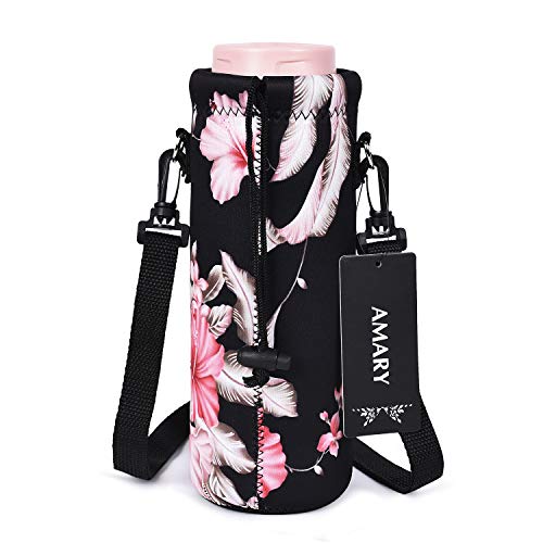 AMARY 500ML Neoprene Water Bottle Carrier Bag with Adjustable Shoulder Strap,Insulated Water Bottle Cover for Stainless Steel/Glass/Plastic Bottles 16.9OZ (Flowers-3) - color: Flowers-3
