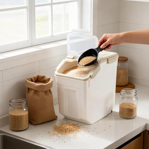 Large Flour Storage Container Bin 25lb, 2Pack Airtight Rice Storage Containers with Wheels Seal Locking Lid, BPA Free with Measuring Cup&Scoop for Flour, Rice, Grain(Gray) - color: Gray 2Pack 25Lb
