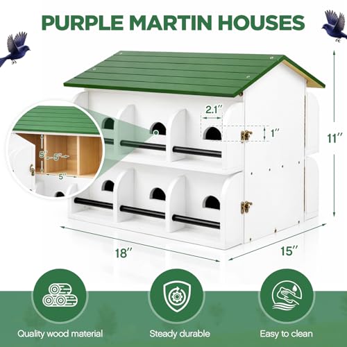 Yaocom 12 Room Purple Martin House with Pole, Heavy Duty 5 Section 15 ft Telescoping Pole with Ground Socket & Adapter, Easy to Clean Design, White Green Wooden Martin Bird House for Outdoor Nesting