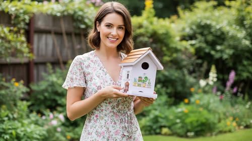 Spring Melody Wren House, Shingle Roof Composite Material Nesting Box, Hanging Birdhouse for Outside,Sparrow, Chickadee, Birdhouse for Outdoor, 5 Years Weatherable Bird Box on Post for Pole