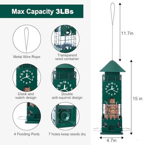 Metal Squirrel Proof Bird Feeders for Outdoors Weight Activated,3 Lbs Green | Hanging Anti Squirrels Buster Mesh Birdfeeders for Outsides Chew & Weather proof, Easy to Fill 4 perches Decor Backyard