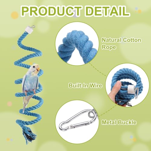 Bird Rope Perch Swing, Spiral Rope Perch Standing Pole Accessory Climbing Swing Paw Grinding 59 Inch, (Blue) Intended for Parrot/Parakeet/Budgies/Cockatiels/Lovebirds - color: Blue, size: 59 Inch