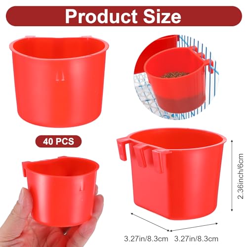 40 Pcs Cage Cups Birds Feeders – Hanging Chicken Feeders & Waterers, Bird Water Dispenser, 8 oz Plastic Food/Water Bowl for Parrot, Pigeons, Quail, Gamefowl, Bunny, and Small Pets (Red)