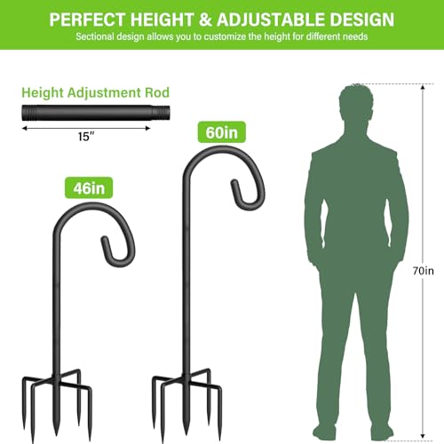 Shepherds Hook for Bird Feeder, 60" Heavy Duty Bird Feeder Pole with 5-Prong Base, Extra Thick Metal Shepherd Hook for Outdoor Hanging Plant Basket, Hummingbird Feeder, Solar Lantern, Black, 2 Pack - size: 60 Inch, style: 2 Pack