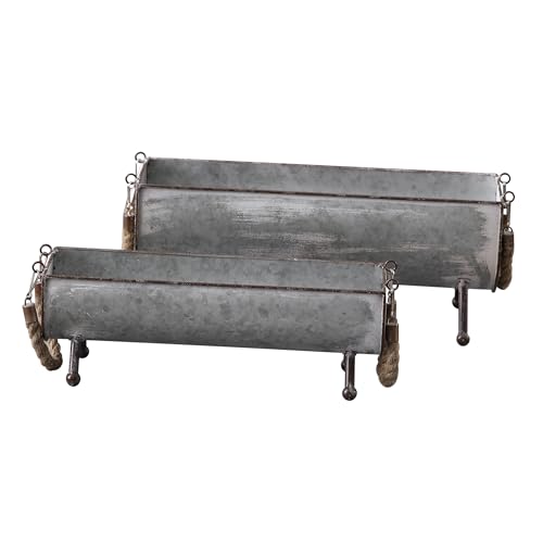 SOFE Poultry Feeder Galvanized Metal Chicken Feeder Set of 2 | Farmhouse Chicken Picnic Table Feeder, Chicken Planter, Decorative Galvanized Tray Trough Shaped, 15 and 13 Inches Long