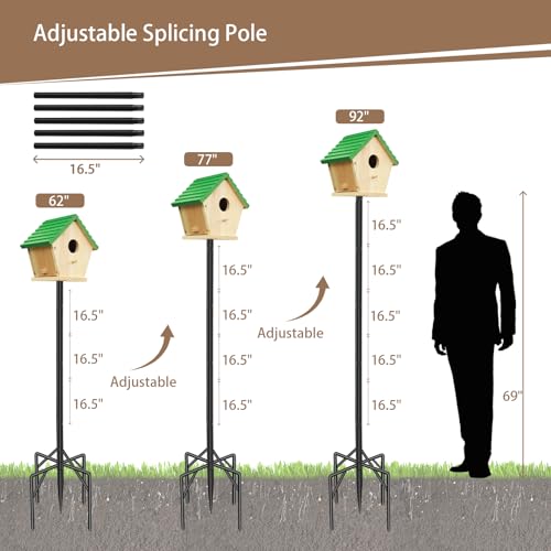 92" Bird Feeder Pole with Squirrel Baffle, 1" Heavy Duty Metal Stand | 5-Prong ground base birdhouse pole mount kit, 2 plates for smart bird feeder, rustproof outdoor post for bluebird houses - size: 92 Inch-Squirrel Baffle