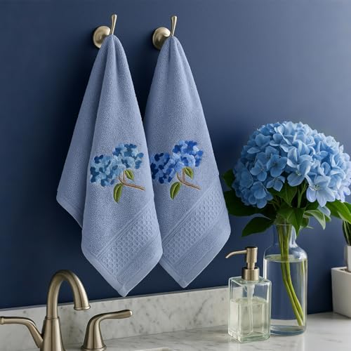 SmoothNovelty 2 Pcs Hydrangea Hand Towels Blue Bathroom Decor 14x29 Inch | Embroidered Floral Bathroom Hand Towels, 100% Cotton, Soft Absorbent, Bathroom Kitchen Decor, Spring Summer - style: Hydrangea Floral