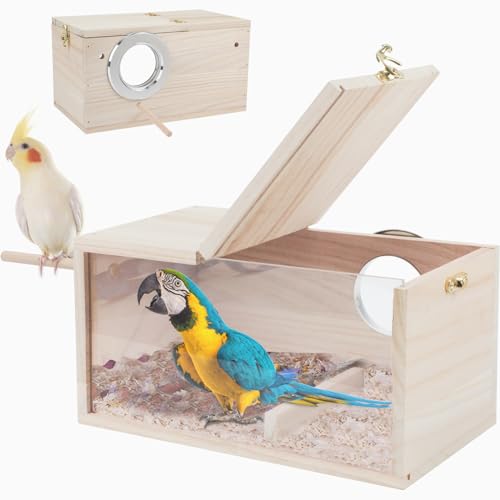 Rypet Parakeet Nesting Box, Cockatiel Bird Nest Box with Perch(XL) | Wood Bird Cage House, Transparent Thwartwise Design, Warm & Durable for Cockatiel Lovebirds Budgie Finch Parrotlets Canary - size: X-Large