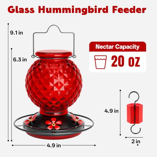Glass Hummingbird Feeder for Outdoors, 20 Oz Bird Nectar Feeder with Ant Moat, Hummingbirds Feeders for 4 Feeding Ports, Hanging for Garden Backyard Decor (Red)