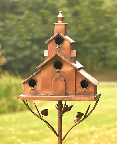Large Copper Colored Multi-Birdhouse Stakes, Room for 4 Bird Families in Each (Church Style with Cascading Roof) - style: Church Style with Cascading Roof