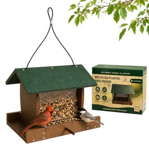 Bird Feeders for Outdoors Hanging, Recycled HDPE Bird Feeder with 2.2 LB Capacity, Clear Seed Reservoir, Flip-Top Roof for Easy Refilling, No Assembly Required, Weatherproof Wild Bird Feeder