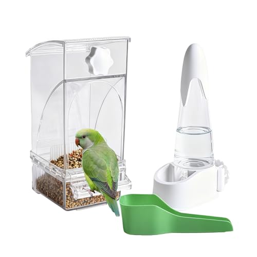 Automatic No Mess Bird Feeder and Water Dispenser Set, Acrylic Food Container and Drinker Bowl for Parrot Cage, Easy Clean Accessories for Parakeets Cockatiels Lovebirds and Other Small Pets