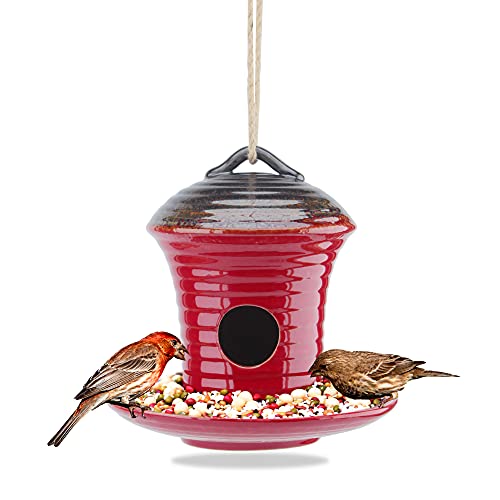 Kimdio Birdhouse Ceramic Hanging Birdhouses Bird Hut Hanging Multi-Function Outdoor Bird Feeders for Wild Birds, Finch, Cardinal, and Bluebird - Red - color: c - Red bird feeder