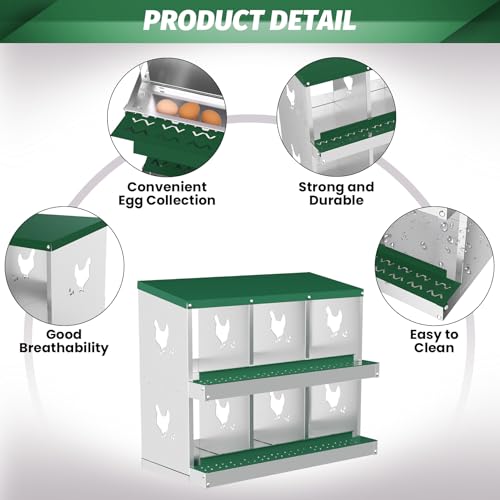 Galvanized Steel Chicken Nesting Box 6 Grids, Metal Egg Laying Boxes for Hens with Hinged Lid and Ventilated Design, Easy Clean Poultry Nest Box for Chicken Coop Accessories, Green, No Legs - color: Green, size: 6 Holes no Legs