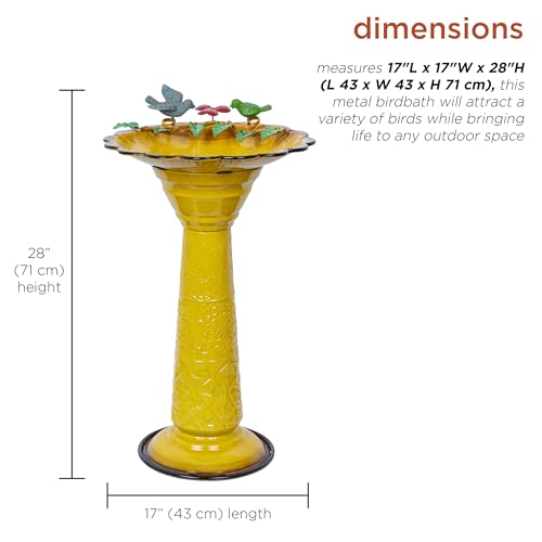 Alpine Corporation ORS112YL Vintage Metal Pedestal Birdbath with Stand, Shallow Bird Bath Bowl for Outside, 28" H, Yellow - color: Yellow