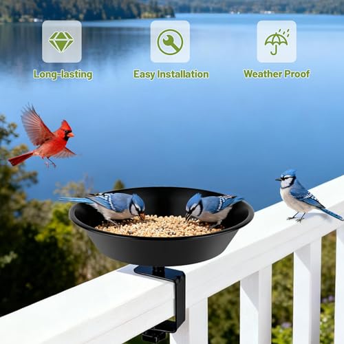 Balcony Bird Feeder for Deck Railing, Mounted with Seed Tray, Black | Heavy Duty Metal, Easy to Install & Clean, Durable Decoration for Outdoors & Garden, Birthday Gifts for Women Men Mom Dad - style: 1 Tray