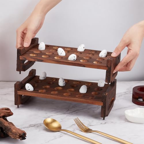 BENECREAT 48 Slot 2 Tier Stackable Wooden Quail Egg Holder Rack, Rustic Brown Egg Organizer for Kitchen Storage Display