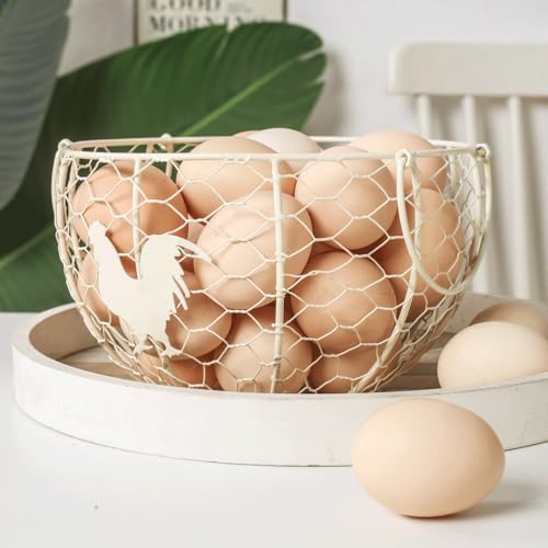 Farmhouse Fresh Eggs Collecting Basket With Handle，Vintage Style Metal Wire Eggs Holder Basket for Countertop Kitchen Storage Bin White - color: white