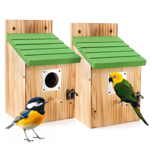 Bird Houses for Outside, 2 Pack Hanging Birdhouse for Outdoor | Wood Nest 1-1/2" Entrance, Metal Guards, Safety Locks, Flight Slots