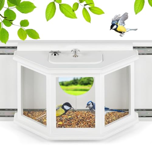 Window Bird Feeder with Secure Locker & Rail Sliding 180° Clear Design Squirrel Proof Bird Feeder for Indoor Window Viewing