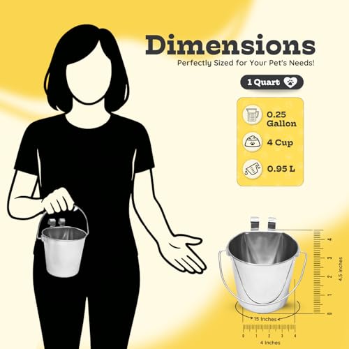 1 Quart Stainless Steel Flat Sided Bucket with Dual Hooks | 2 Pcs Durable Food & Water Bowl for Dog Cats Bird & Small Animals | Fits kennel Cage Crates Hanging Pet Pail | Multipurpose use - size: 1 Quart (Pack of 2)