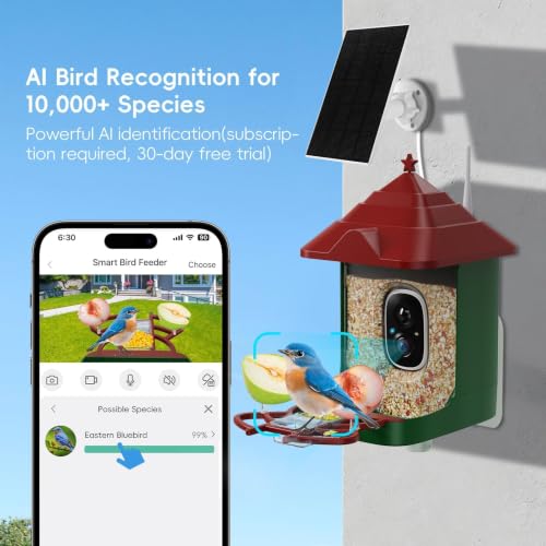 Smart Bird Feeder with Camera, Solar Panel & 5200mAh Battery, 4K HD Video, AI Identification, Instant Arrival Alerts & Alarm, IP65 Weatherproof, 32GB Card, 2L Capacity, for Bird Lover - color: Red Green