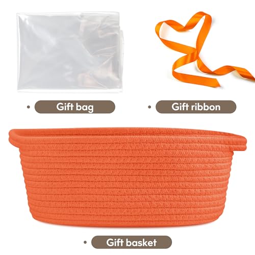 Pro Goleem Small Woven Basket with Gift Bags and Ribbons Durable Baskets for Gifts Empty Small Rope Basket for Storage 12"X 8" X 5" Baby Toy Basket with Handles, Orange - color: Orange