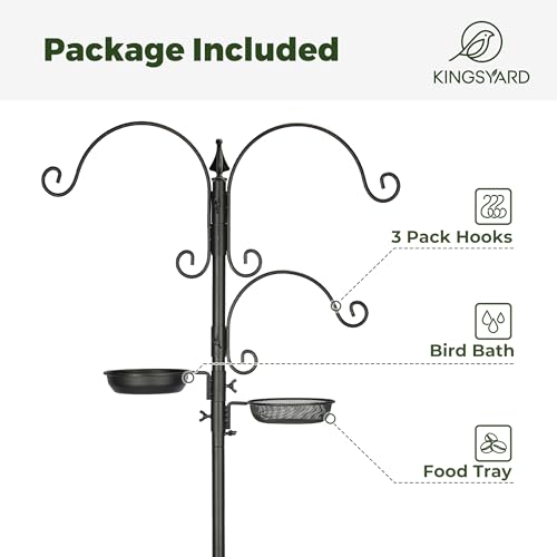 Kingsyard Bird Feeder Pole for Outdoors, 5-Prong Bird Feeding Station | 85-inch bird feeder pole with 3 adjustable hooks, seed tray and water bowl; tool-free setup with rust-resistant metal