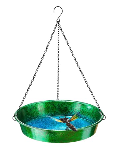 Hanging Bird Bath for Outside, 11.5” Metallic Green & Blue Metal Birdbath Bowl & Feeder with Black Chain Outdoor Garden Yard Decor - color: Metallic Green & Blue