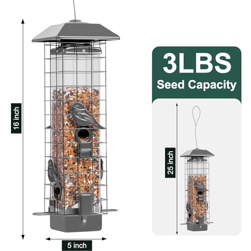 Squirrel Proof Bird Feeders for Outdoors, Metal Wild Bird Feeder for Outside Hanging, 4 Ports Perches, 3LB Large Capacity(Gray) - color: Gray