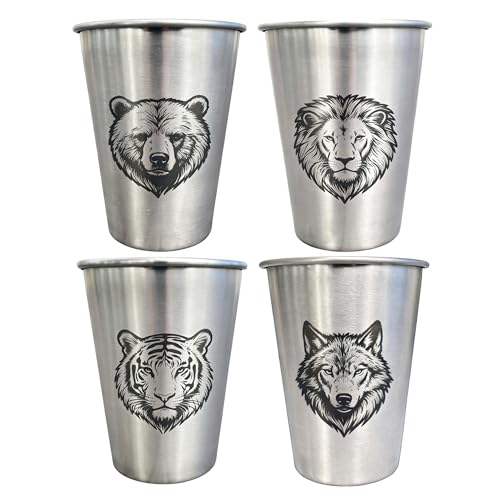 4 Pack 16oz Conical Stainless Steel Cups - Laser Engraved Animals, Stackable Durable Metal Cold Drink Cups for Parties & Outdoor Events (Bear/Lion/Tiger/Wolf) - color: Wild Animal 1