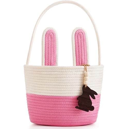 Pro Goleem Easter Basket for Kids, Adorable Woven Egg Hunt Bucket with Handle, Soft First Easter Gift Tote Bag, Nursery Toy Storage Bin with Tag(Pink) - color: white&pink