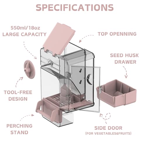 Automatic Bird Feeder, No Mess Bird Cage Feeder with Perch Multi-Functional Holder for Fruits Vegetables for Parakeet Canary Cockatiel Finch (Pink) - color: Pink