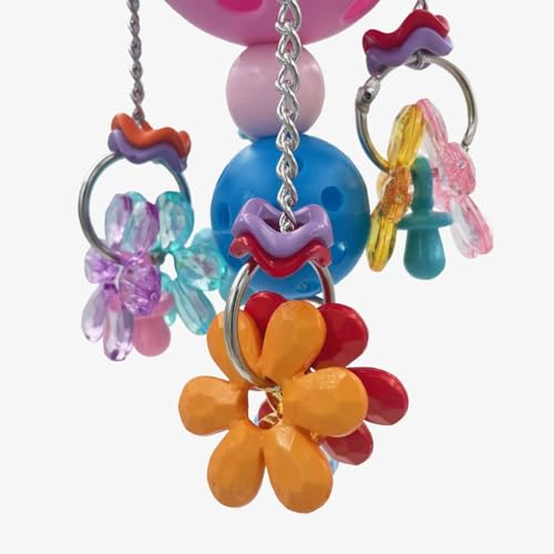 Pullable Bird Plastic Ball Toys with Acrylic Pacifiers and Flowers, Colorful Parrot Toys for Medium and Large Parrot Quaker Monk Parakeet Sun Conures (Pink) - color: Pink