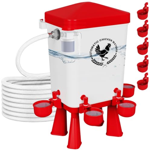 3 Gallon Chicken Waterer with 10 Chicken Water Cups, No Spill Poultry Waterer Bucket with Stand Legs, Hooks and Screws, Chicken Water Feeder for Coop, Ducks, Hens, Farm (Red, Auto-1pcs) - color: Red, size: Auto-1pcs