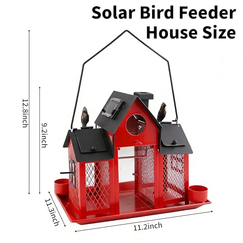 Solar Bird Feeders House for Outside Hanging, Metal Wild Bird Feeder for Outdoors Large Capacity Cardinal Birdfeeder Birdhouses Metal Bird Feeding Station Red - color: red