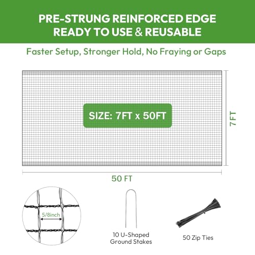 Deer Fence for Garden 7ft x 50ft, Plastic Mesh Deer Fence Netting with Pre-Strung Reinforced Edge, Reusable Temporary Fence, Ideal for Animal Barrier & Garden Fencing for Plants & Fruit Trees - size: 7ft X 50ft