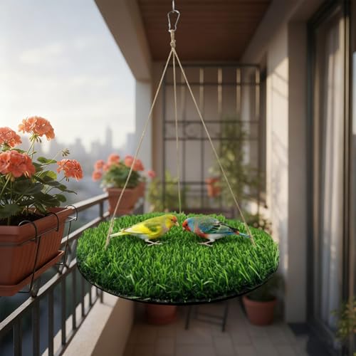 Small Bird Foraging Mat Toy, 10'' Bird Swing Chewing Hanging Toy Artificial Grass Hammock for Parakeets, Cockatiels & Small Hummingbirds, Parakeet Cage Accessories with Secure Hooks