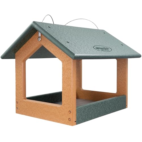 DutchCrafters Amish USA Made Recycled Plastic Large Hanging Modern Fly Through Covered Roof Open Platform Tray Bird Feeder for Outdoors, Garden, Yard (Turf Green & Bright Cedar) - color: Turf Green & Bright Cedar