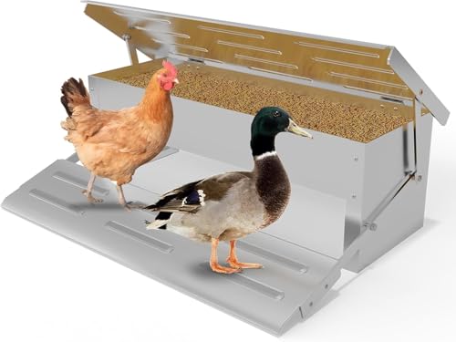 Stainless Steel Automatic Chicken Feeder, Treadle Chicken Feeder with Weatherproof Lid, No Waste Chicken Feeder, 15 lbs Poultry Feeder, for Chickens, Ducks, Fowl