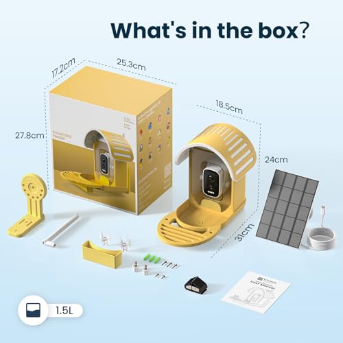 Smart Bird Feeder with Camera, Yellow | 2.5K UHD, AI Bird Species Identification, Solar Powered, 2.4G WiFi, IP66 Waterproof Outdoor, Instant Alerts, Gift - color: Yellow
