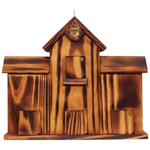 MIXUMON Wooden Bird Houses for Outside – 6 Rooms Multi-Chamber Bird House, Carbonized Pine Rustic Finish, 1.57" Entrance Holes, Cleaning Doors for Each Room, Decorative Outdoor Bird Nesting Box