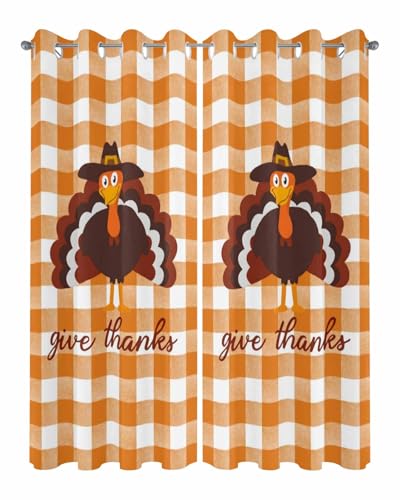 Outdoor Curtains for Patio, Thanksgiving Turkey Waterproof Blackout Outside Curtain for Porch/Pergola/Gazebo, Fall Orange Farmhouse Plaid Thermal Insulated Drapes for Cabana, 2 Panels, 54 x 84 Inch - size: 54"W x 84"L (Pack of 2)