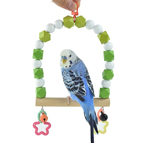 Wooden Bird Swing Perch for Parakeet, Small Birds Hanging Cage Stands | Cockatiels Parrot Chewing Training Toy, Green Wood Beads with Bell, Birdcage Playground Gym Accessories - color: Green