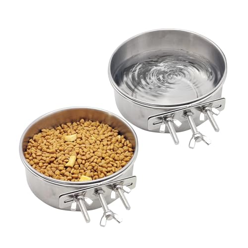 Hamiledyi 2 Pcs Dog Crate Bowl Stainless Steel Puppy Bowls Durable Spill-Proof Pet Water Bowl Hanging Water/Food Metal Bowls for Puppy Medium-Sized Dogs Cats (4.7'' x 2'') - size: XS (19 OZ×2)