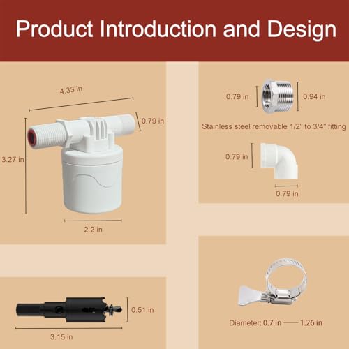 Chicken Waterer Float Valve Kit - Top Inlet, Compatible with Various Chicken Water Cups & Nipples, Includes Fixing Clip, 4 Hose Clamps, Raw Tape, 1/2 to 3/4 Inch Adapter