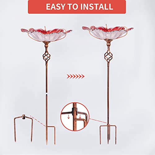 Glass Birdbath Birdfeeder with Metal Stake Garden Yard Outdoor Red | 31inch height stain glass bird bath for outside,red flower bird bath bowl,attract wild birds and beautify outdoor gardens - color: Red