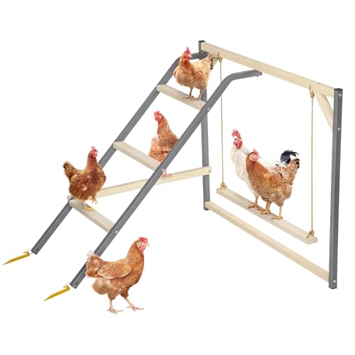 PETSFIT Chicken Perch, Solid Wood & Rustproof Iron Roosting Bar with Swing | Fits 8-10 Chickens, Promotes Natural Exercise, Easy to Assemble and Clean, Backyard Coops and Farms, All-Weather Outdoor Use - size: 43"Lx36"Wx32"H