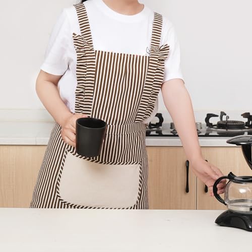 Cute Cotton Apron for Women, Adjustable Bib Cooking Kitchen Aprons with Pockets for BBQ Drawing Baking - color: Brown